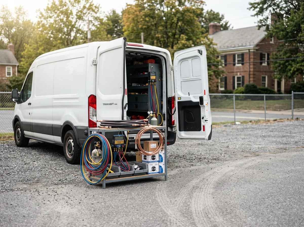 Exterior view of an HVAC service vehicle and tools used for heating and cooling repair and installation work. The scene shows equipment ready for a service call.