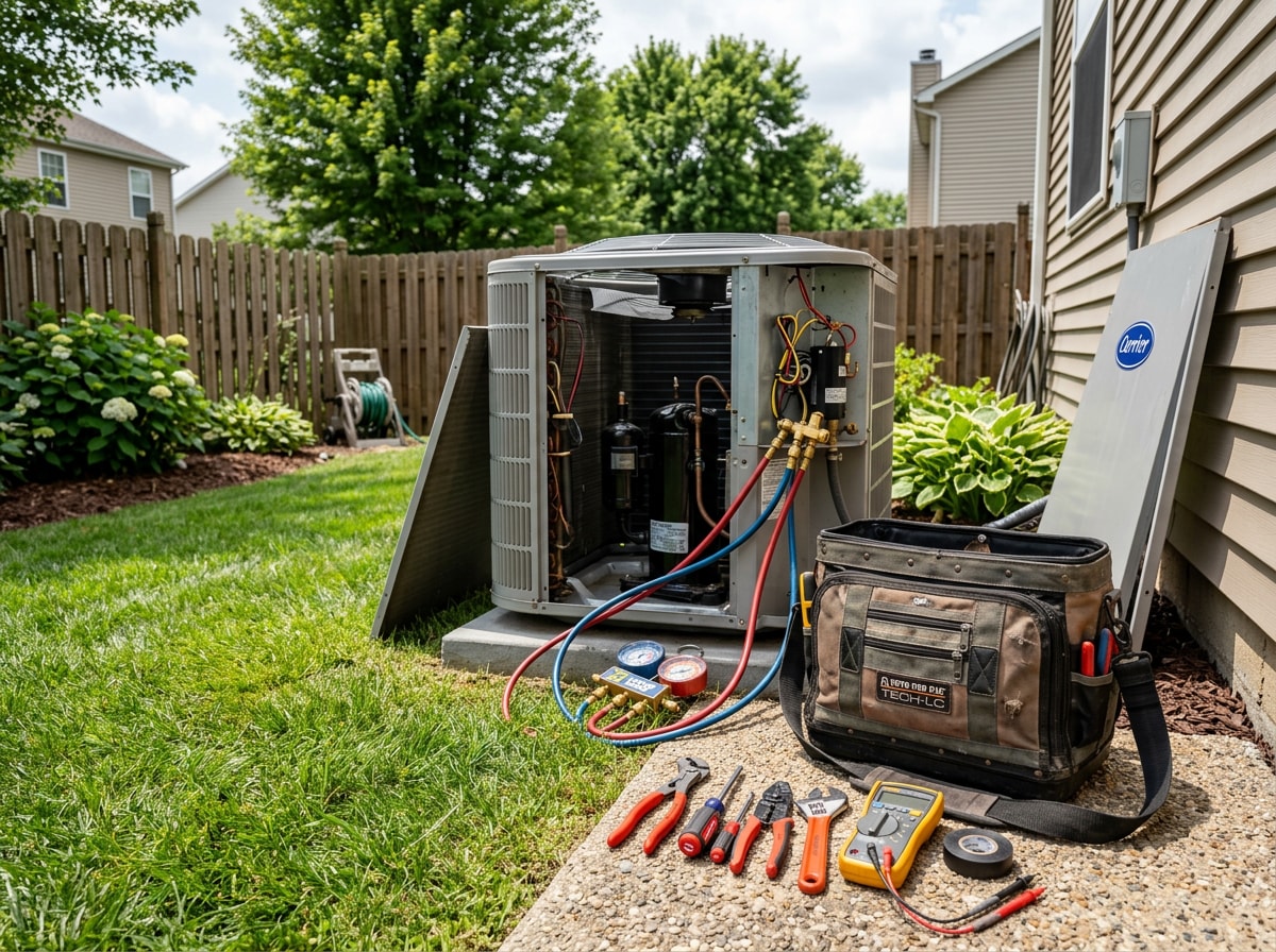 Outdoor central air conditioning condenser unit with maintenance tools beside it