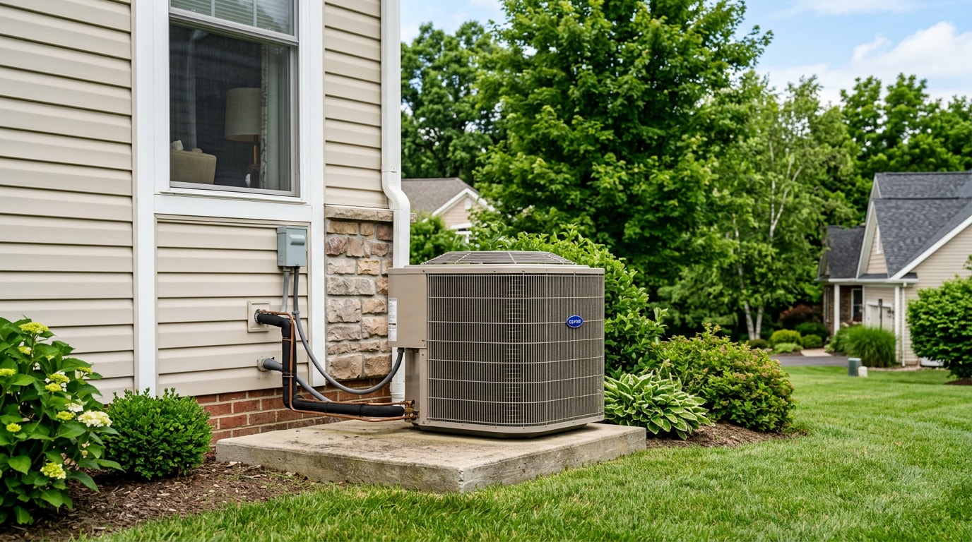 Residential central air conditioning condenser unit outside a Media, PA home