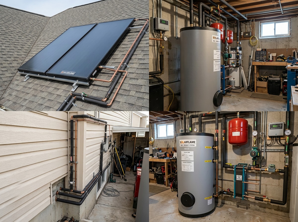 Roof-mounted solar thermal collectors feeding an indirect closed-loop system into a home