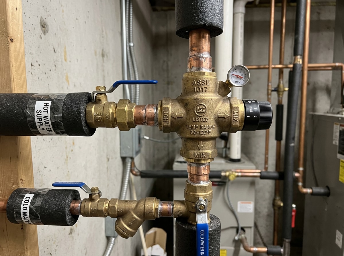 Close-up of an ASSE 1017 thermostatic mixing valve installed on copper piping in a mechanical room