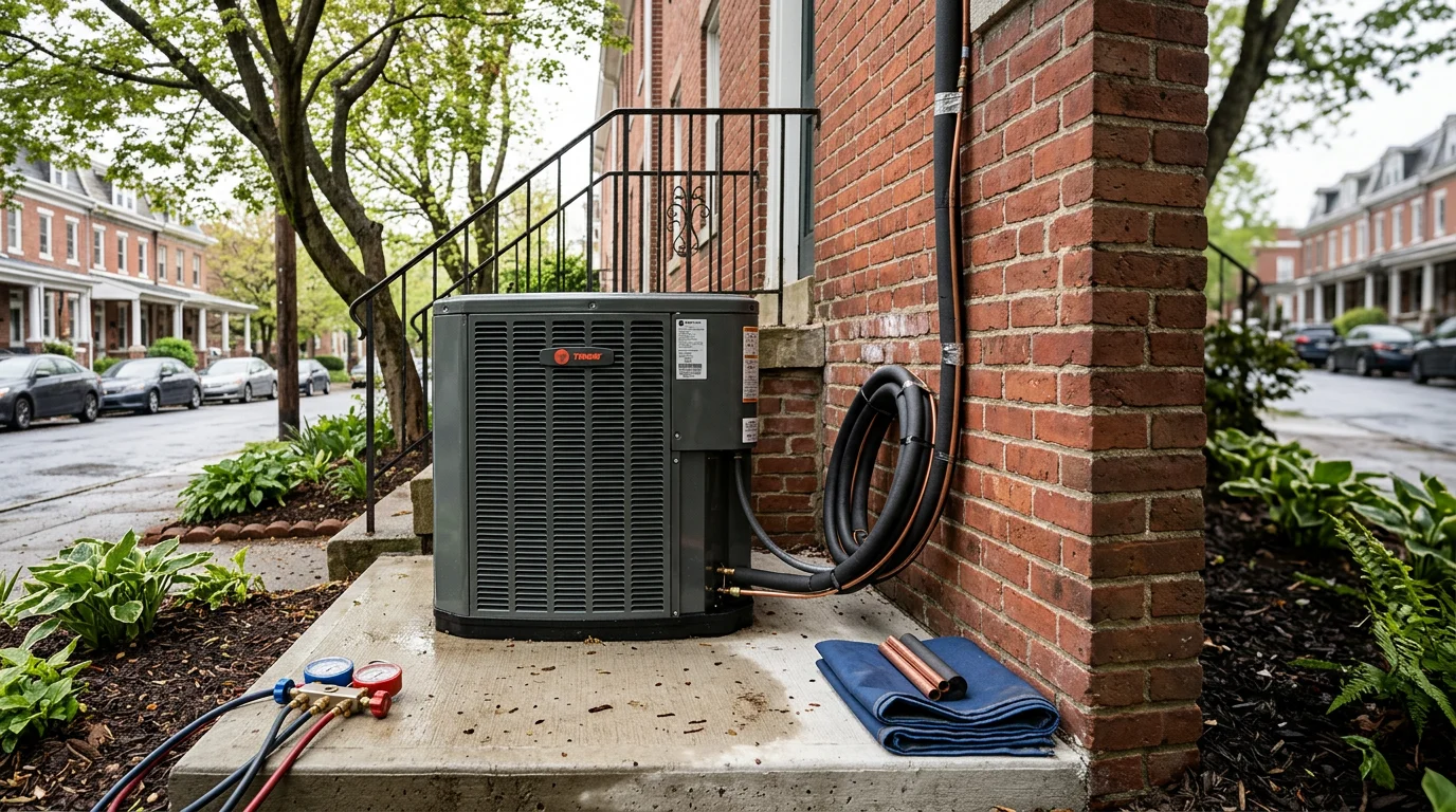 Air conditioning technician repairing an outdoor condenser unit in Chester County, PA