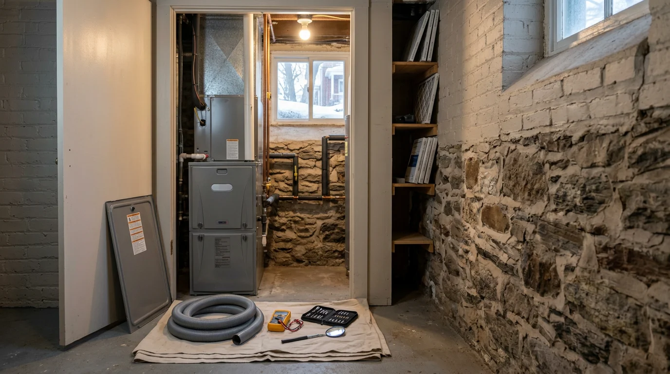 Technician inspecting a home furnace heating system in Chester County, PA