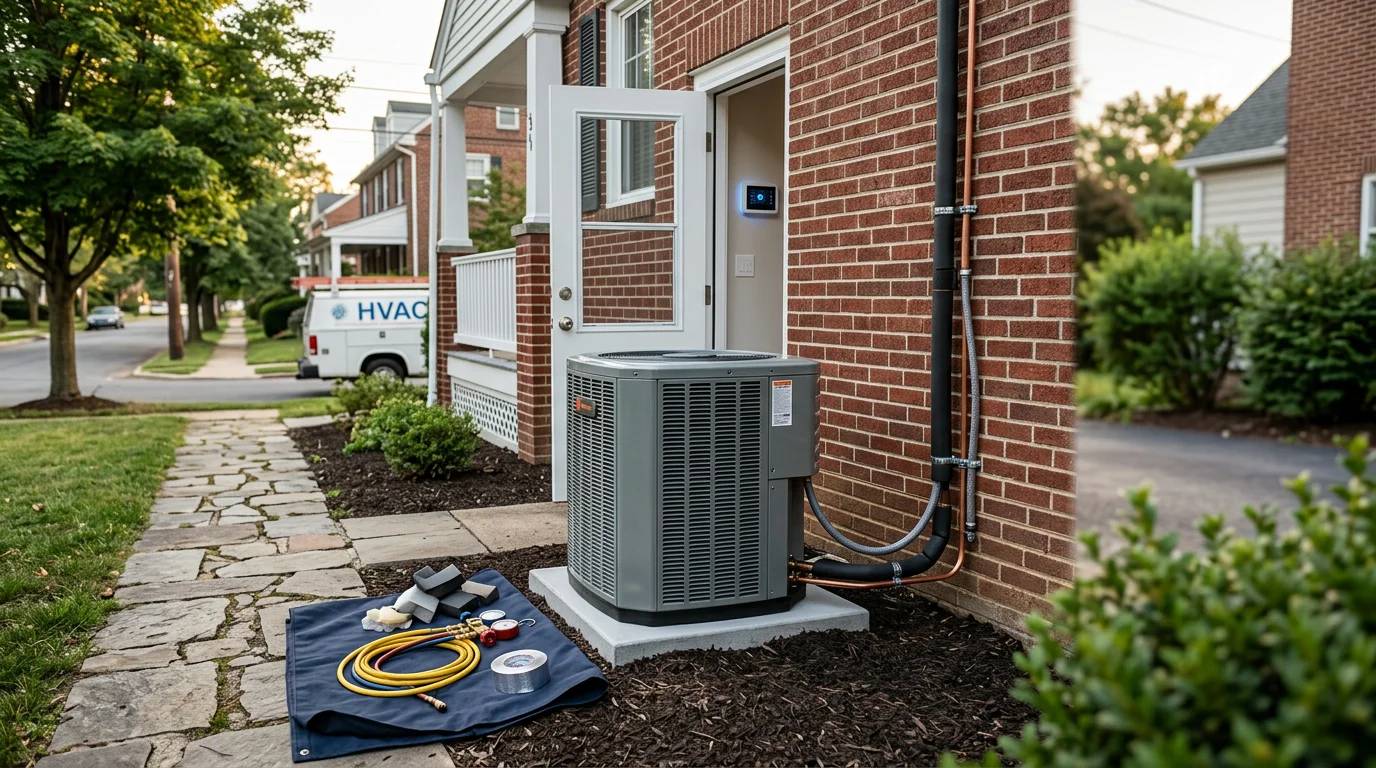HVAC technician servicing a home heating and cooling system in Delaware County, PA