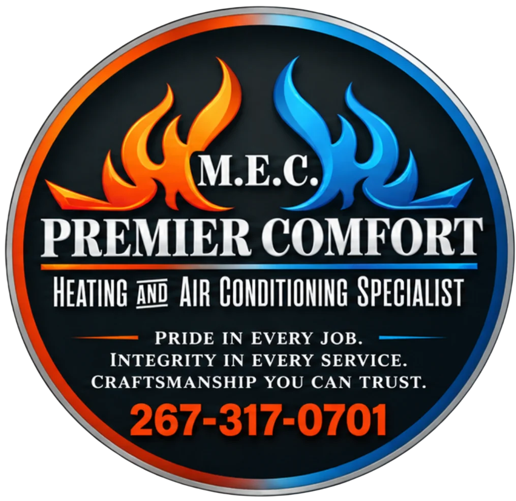 Circular M.E.C. Premier Comfort logo with orange and blue flames, white serif lettering, and a metallic gradient border on a dark background