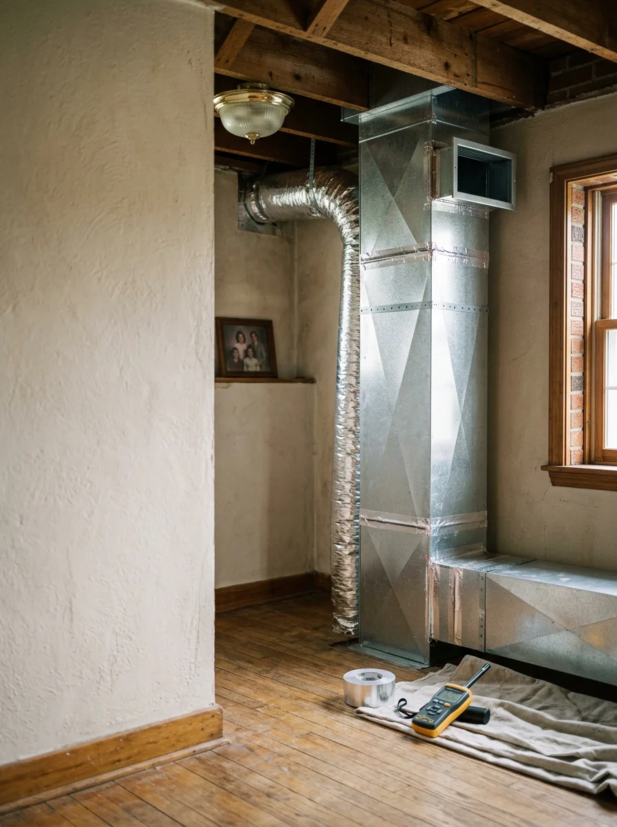 Ductwork and air vents inside a mid-century home in Aston, Pennsylvania
