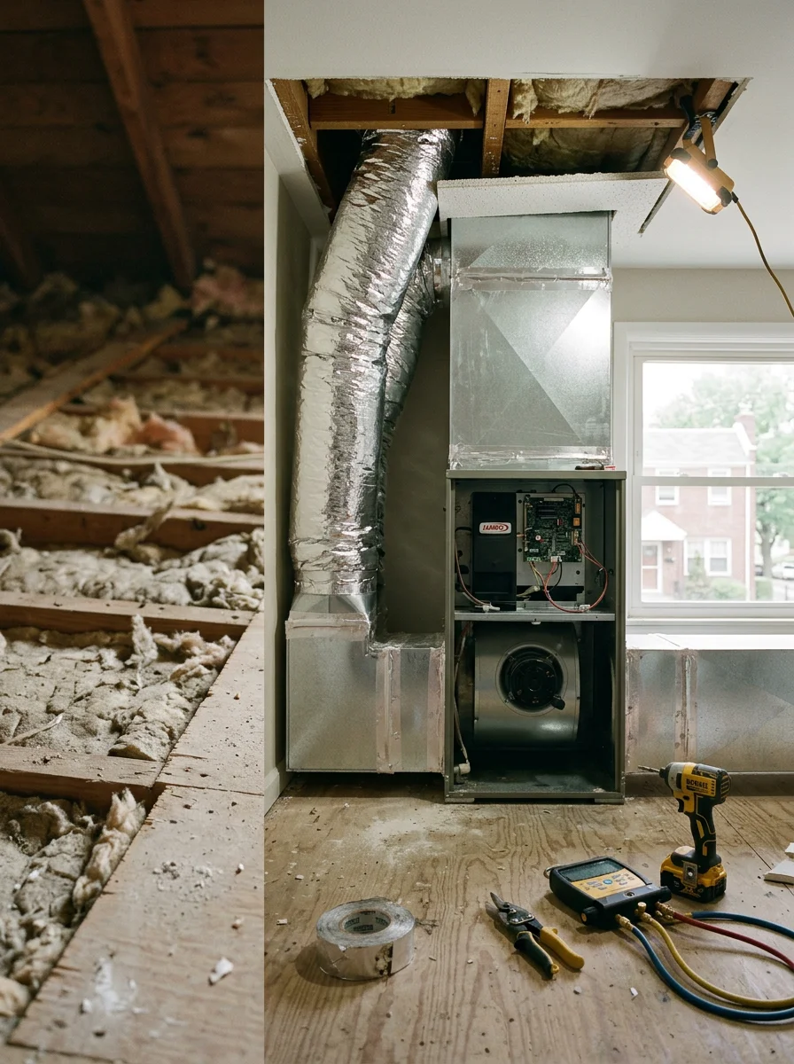 Ductwork and air handler inside a mid-century home in Berwyn, PA