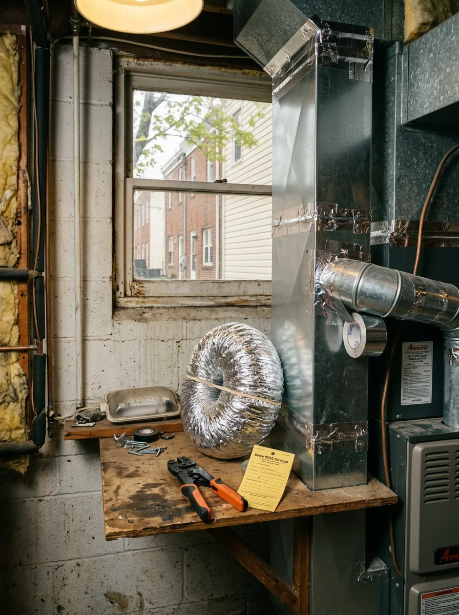 HVAC technician repairing ductwork in a Boothwyn, PA home