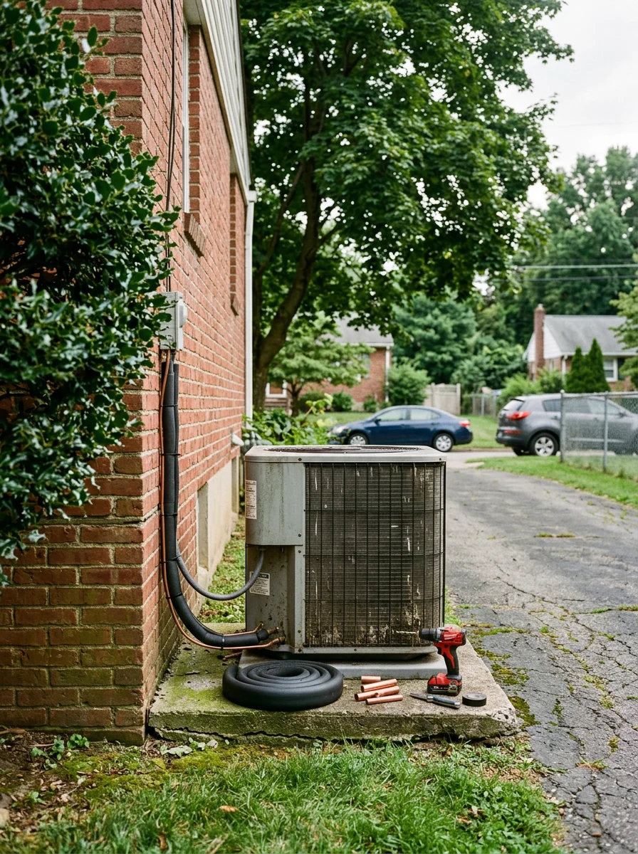 Outdoor AC condenser unit installed beside a mid-century ranch home in Broomall, PA, with a concrete pad and mature landscaping in the background.