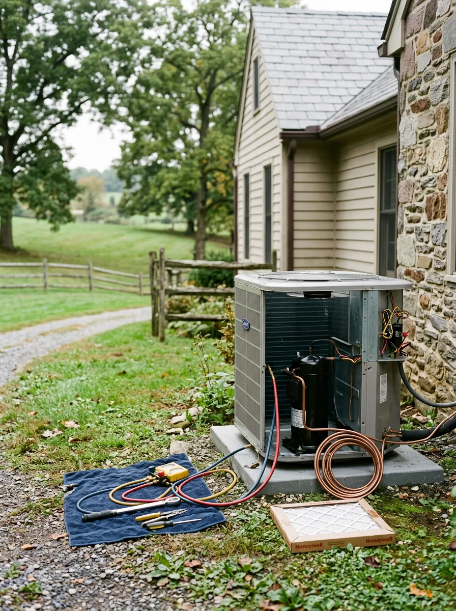 Heating and cooling service work on a home in the Brandywine Valley area of Chadds Ford, PA