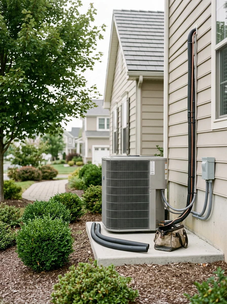 Outdoor heat pump unit beside a newer single-family home in a Chester County, PA planned community with mature landscaping.
