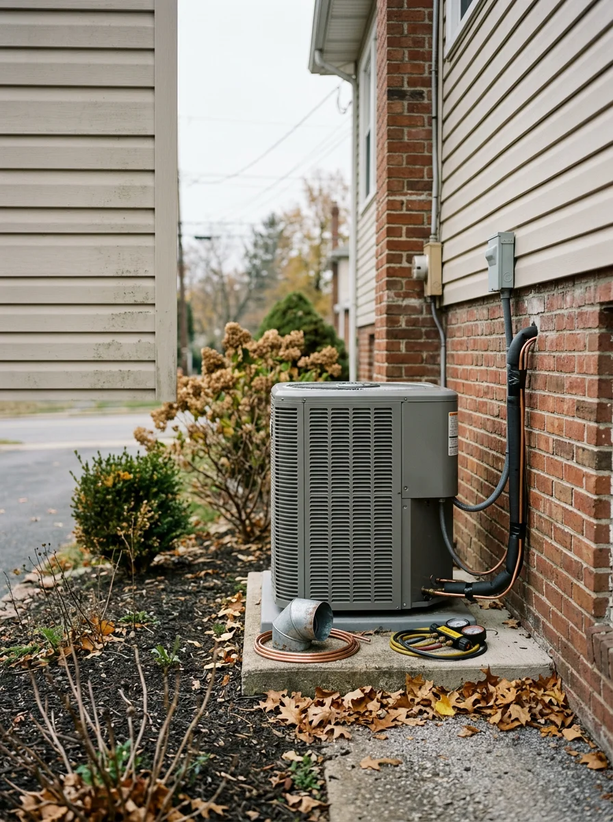 Residential HVAC outdoor condenser unit beside a house in Chester Heights, PA
