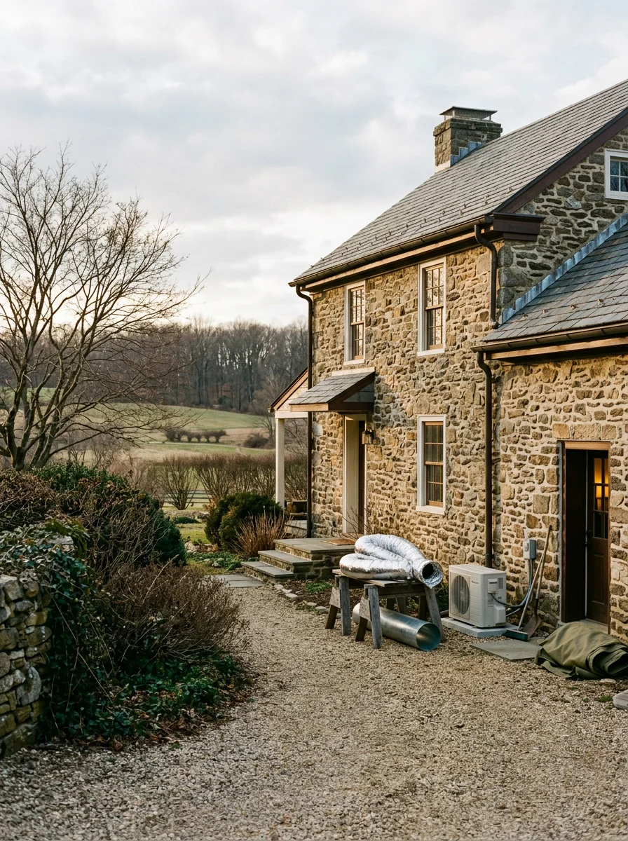 Historic stone farmhouse in Chester Springs, PA, a property type that needs careful ductwork planning