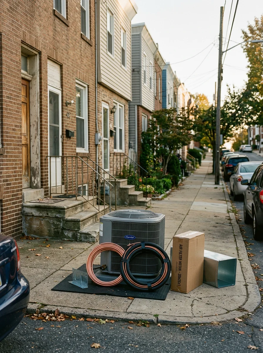 Attached row homes with narrow side yards on a residential street in Clifton Heights, PA