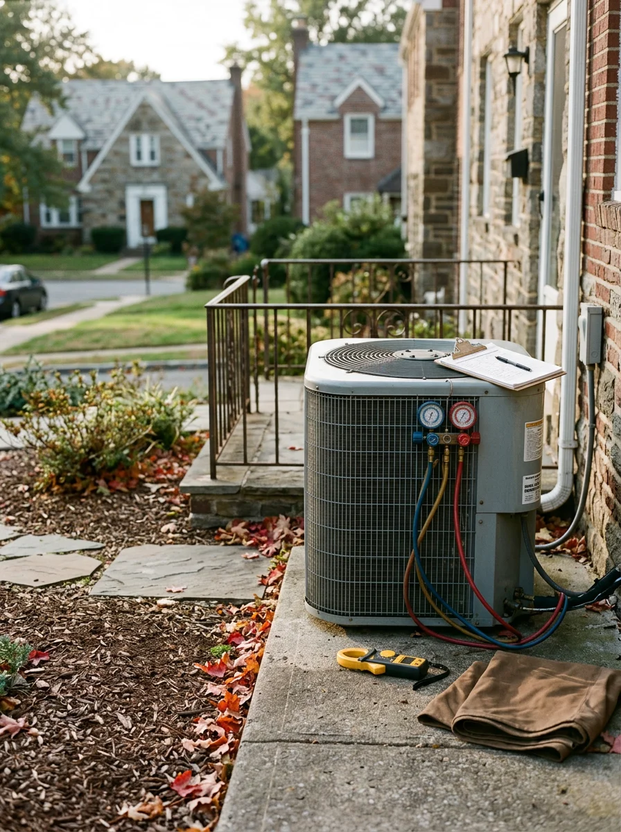 Close-up of a technician checking refrigerant levels on a central air conditioning system at a Delaware County, PA residential property.
