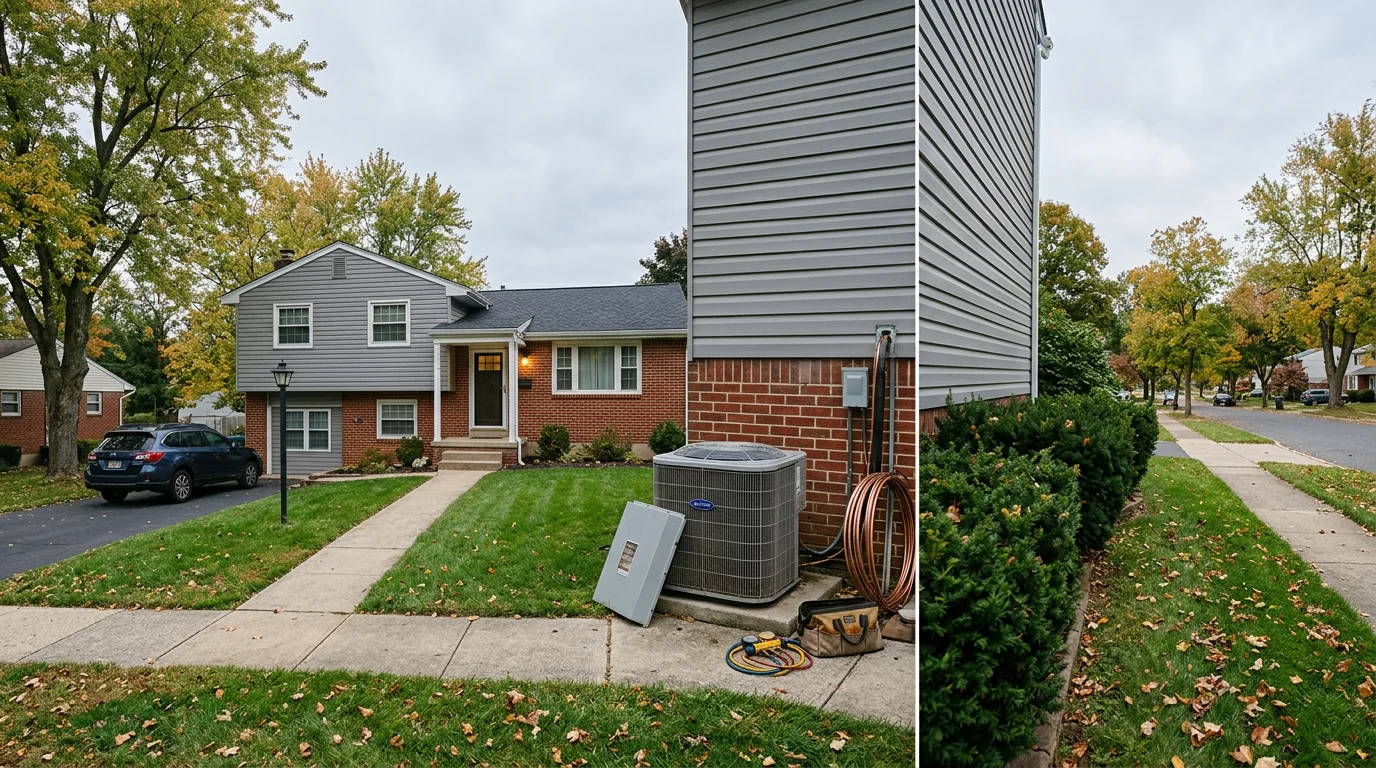 HVAC technician inspecting an outdoor AC condenser unit beside a mid-century single-family home in a Delaware County, PA suburban neighborhood.