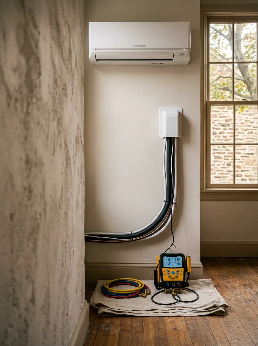 Ductless heating and cooling unit mounted on a wall in a Downingtown home