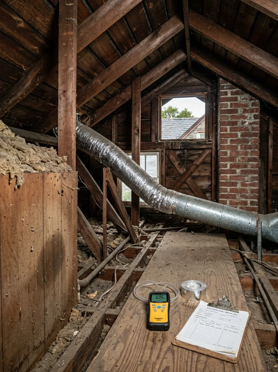 HVAC technician inspecting ductwork in the attic of an older Drexel Hill home