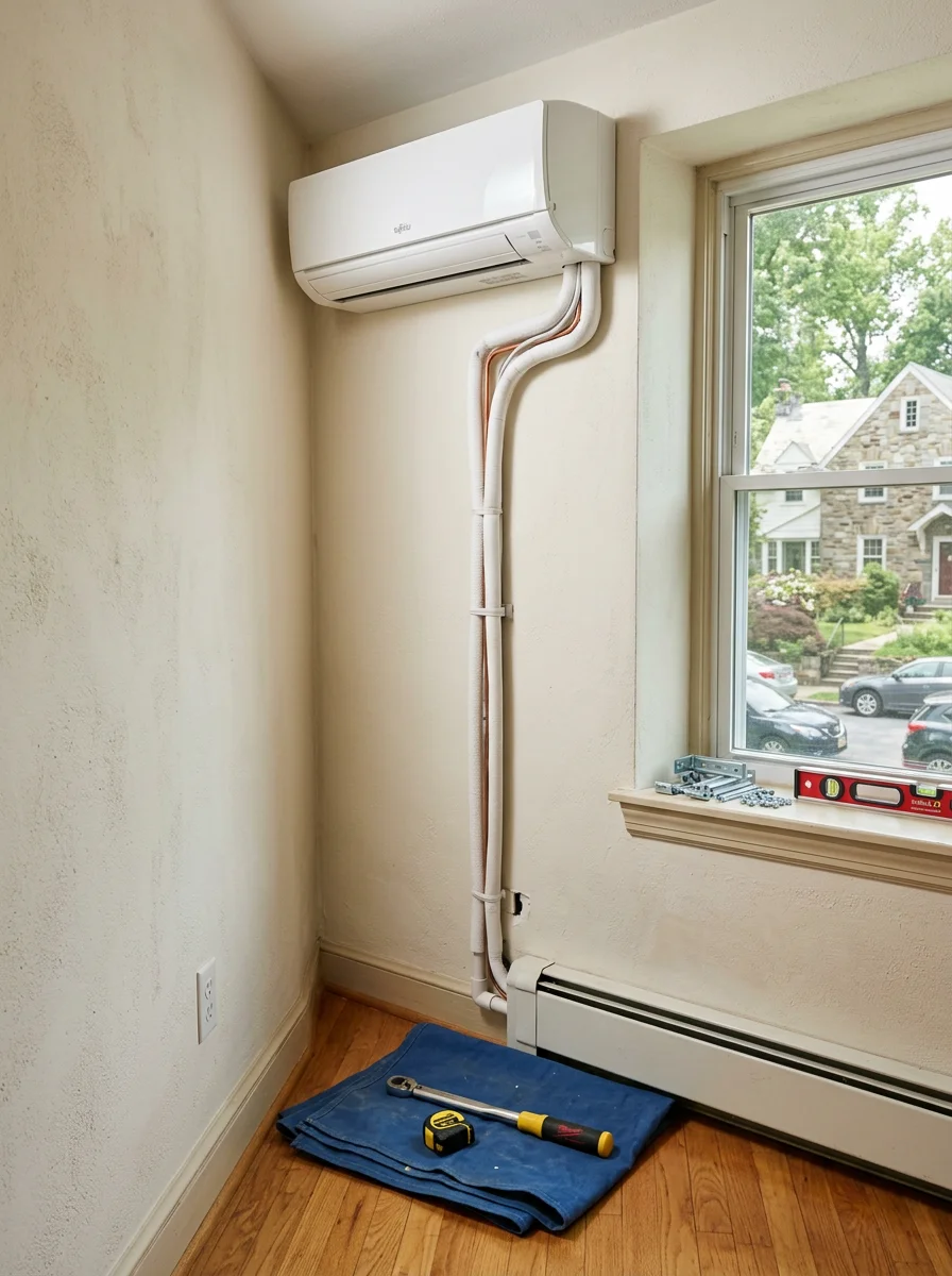 Ductless heating and cooling unit mounted in a living space in Exton, PA
