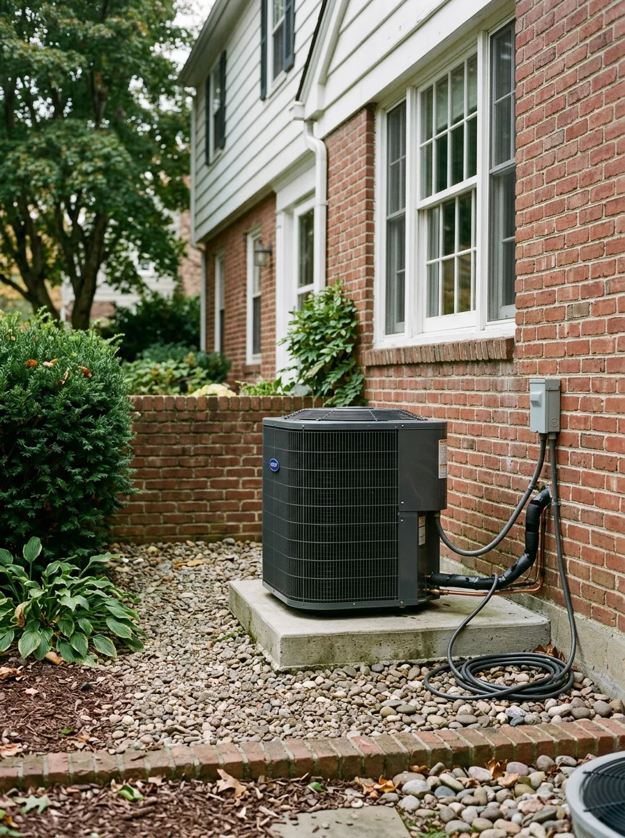 Mid-century Colonial Revival home with a rooftop or side-yard HVAC unit in Folsom, PA