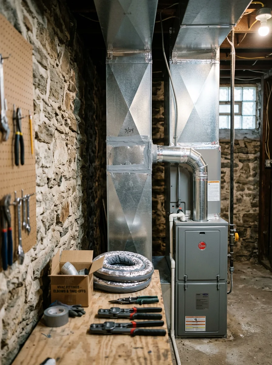 HVAC technician working on ductwork in a Delaware County home