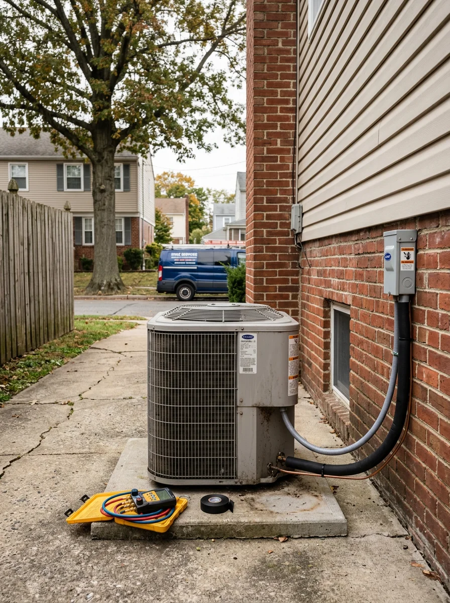Outdoor air conditioning condenser beside a twin home in Glenolden, PA