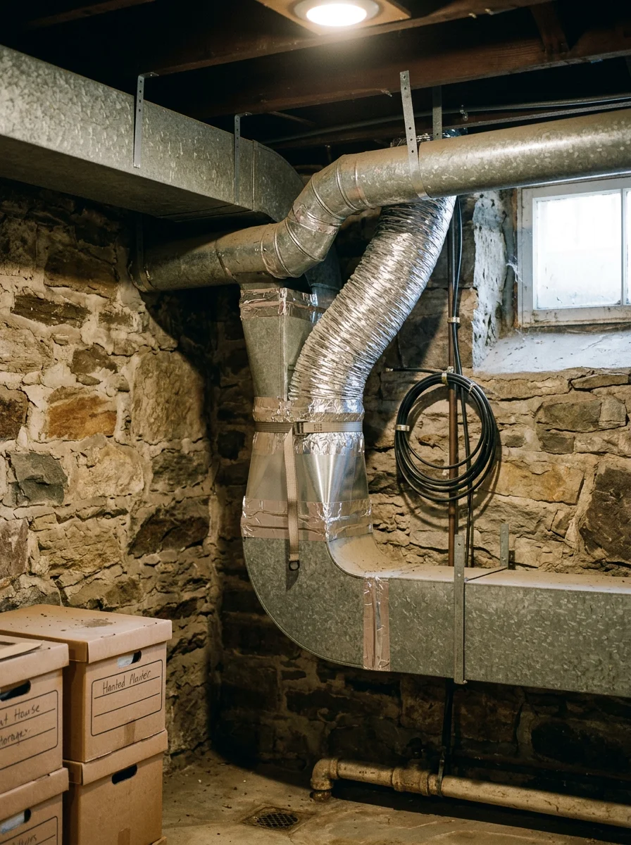Ductwork and vent connections in the basement of an older Havertown, PA home