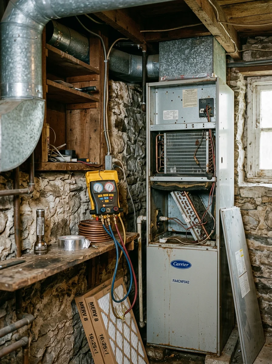 HVAC technician servicing an air handler in a Chester County home