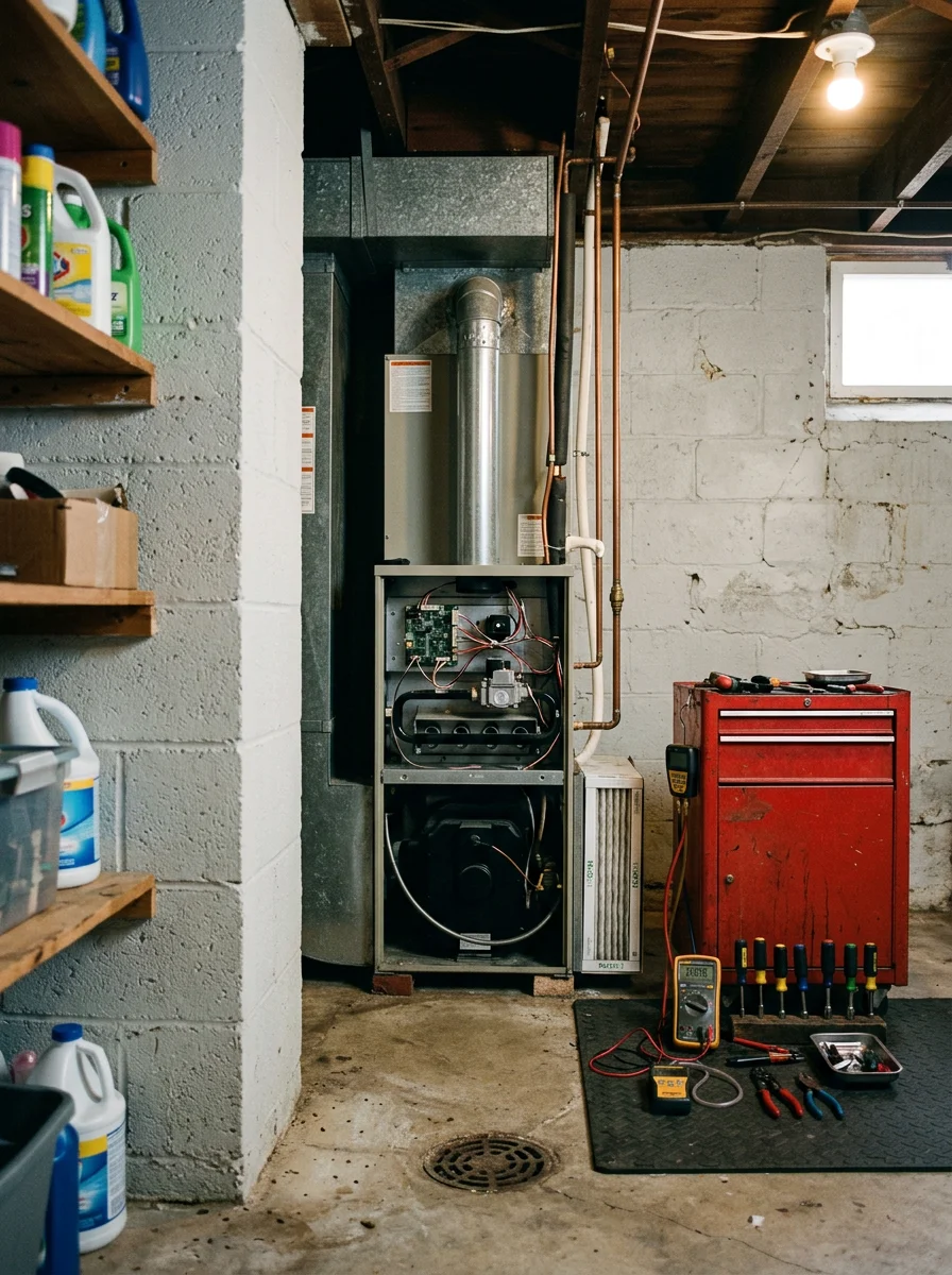 HVAC technician inspecting a furnace in a Lansdowne, PA basement