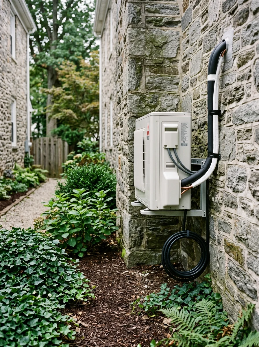 Outdoor mini-split compressor unit installed on the side of a stone twin home in Malvern, PA, with a narrow side yard and mature landscaping.
