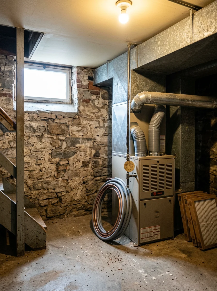 Ductwork and air handler in a basement of a historic home in Marcus Hook, PA