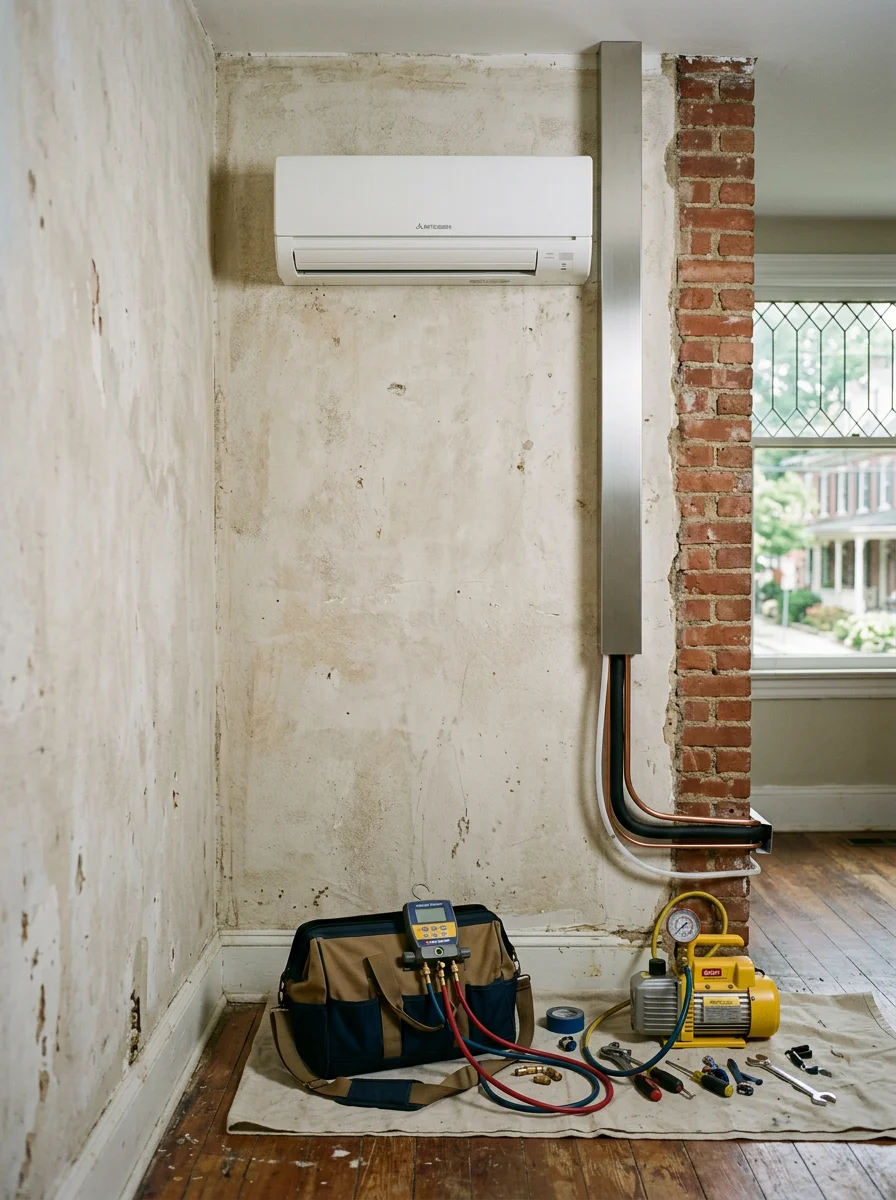 Wall-mounted ductless mini-split indoor unit installed in a historic brick home interior in Media, PA, with original plaster walls visible.