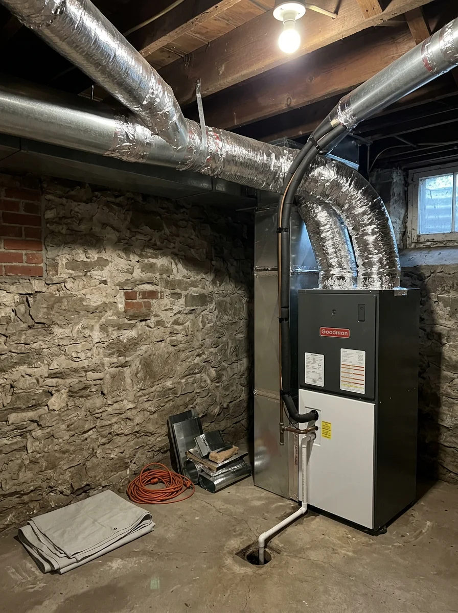 Indoor air handler and ductwork connected in a residential basement in Montgomery County, PA