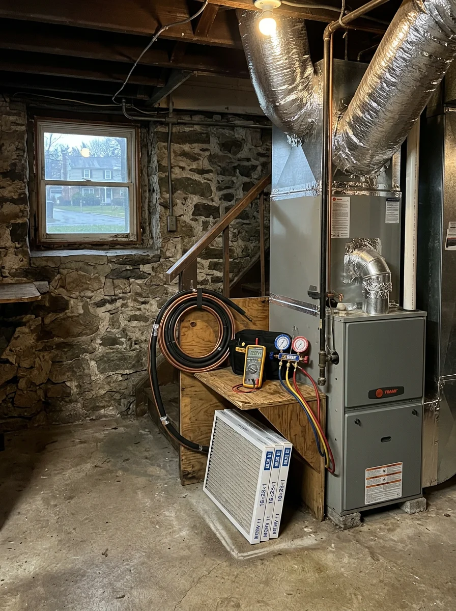 Indoor air handler and ductwork in a older twin home basement in Morton, PA