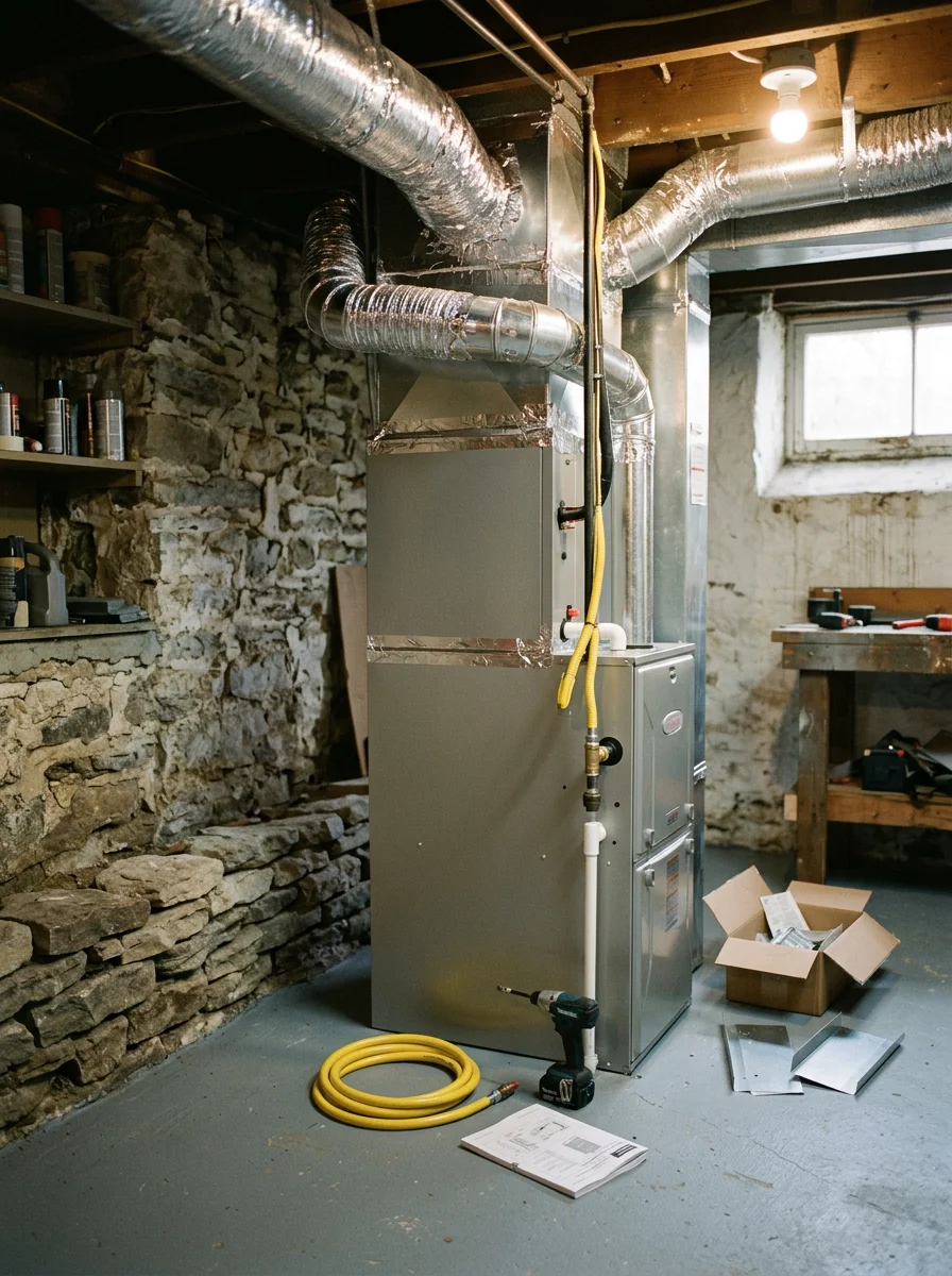New gas furnace installed in the basement of a 1990s single-family home in Newtown Square, Pennsylvania, with visible ductwork connections.