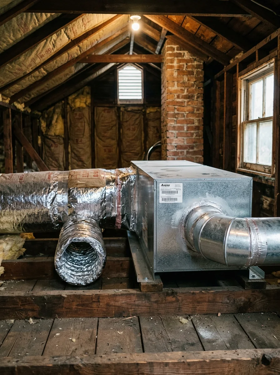Ductwork and air handler in the attic of an older single-family home in Norwood, PA