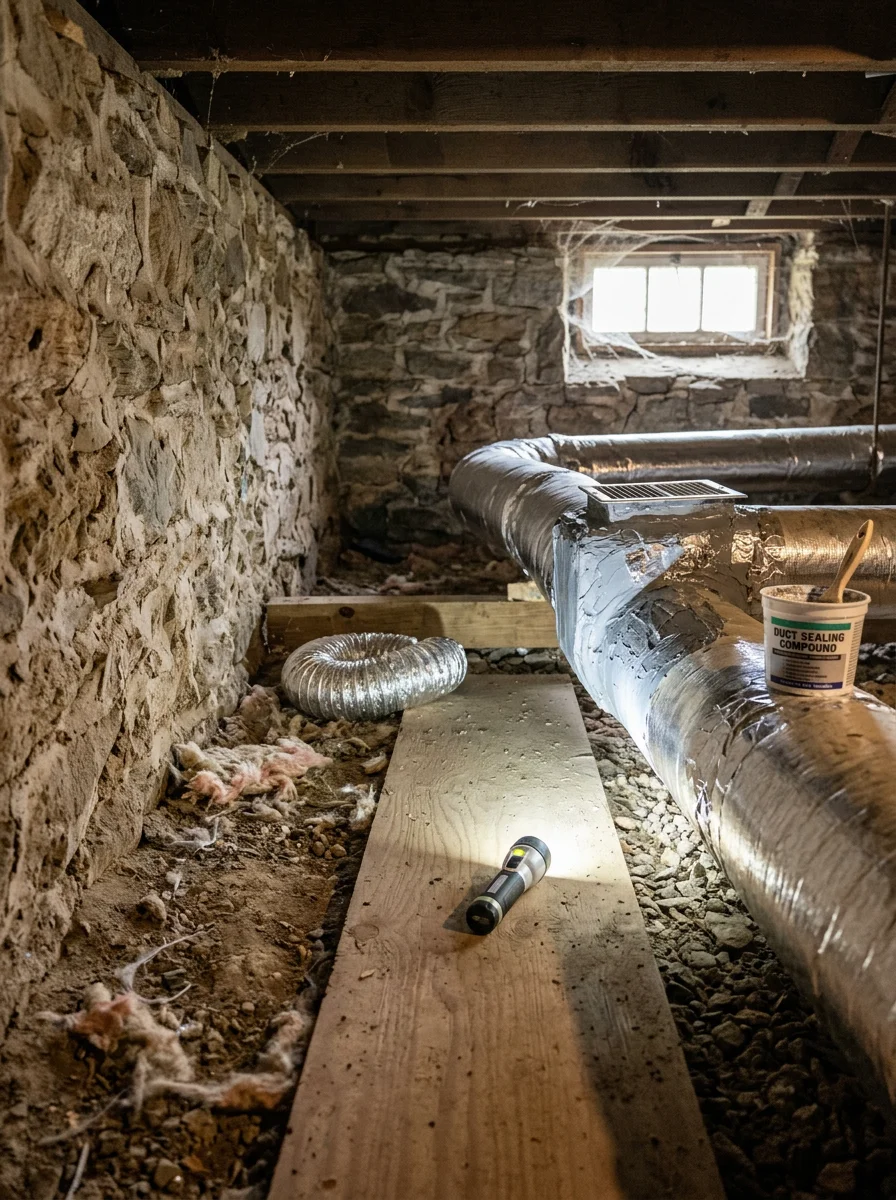 Technician inspecting ductwork connections in the crawl space of a split-level home in Paoli, PA, with a flashlight and duct sealing materials.