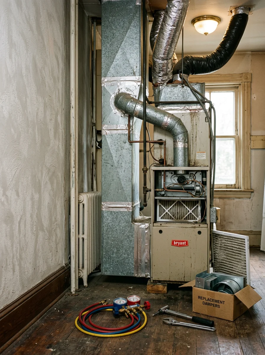 Ductwork and air handler in an older Prospect Park, PA home being inspected for repair