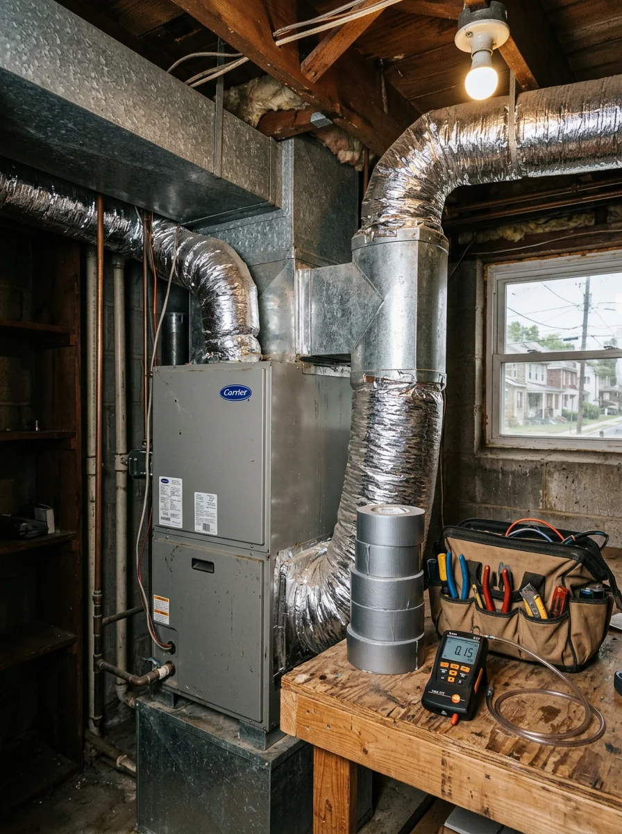Ductwork and air handler in a post-war single-family home in Secane, Pennsylvania