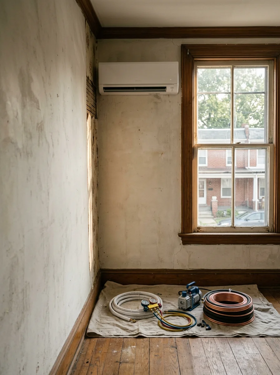 Ductless indoor wall unit installed in a historic Delaware County rowhome interior
