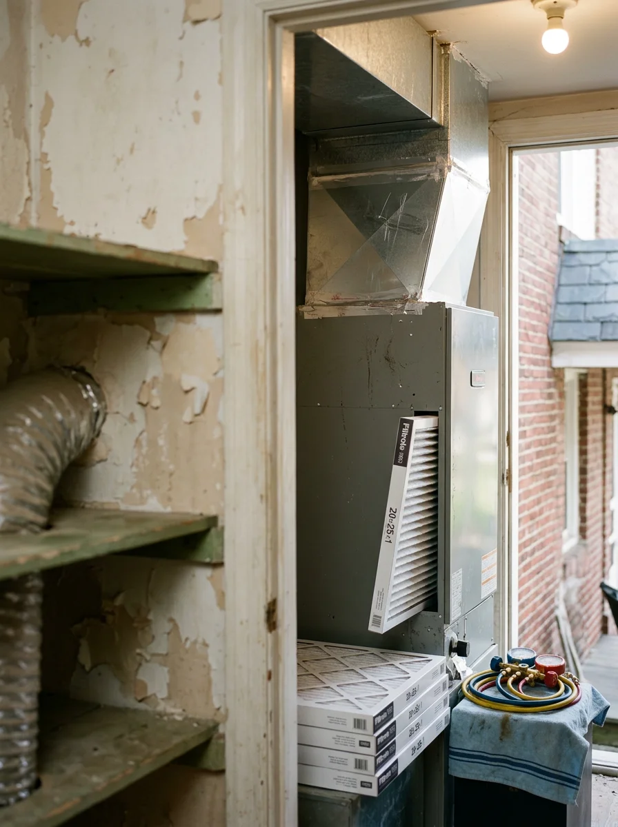 HVAC technician servicing an air handler in a Delaware County home