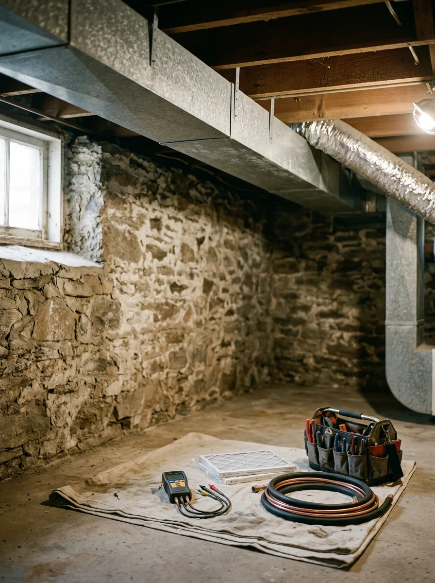 Technician inspecting ductwork in an older Upper Darby, PA home basement