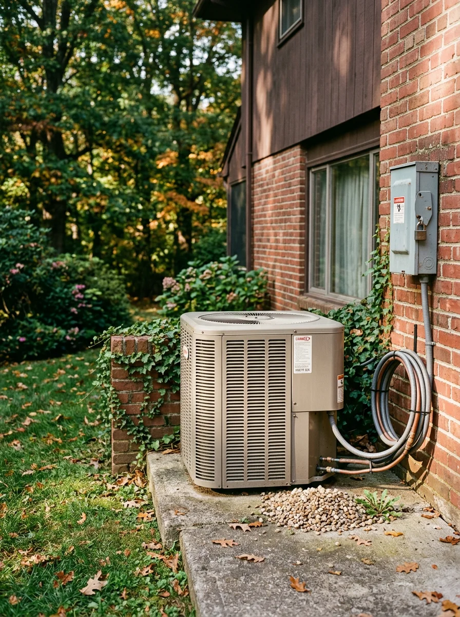 Outdoor AC condenser unit beside a 1960s split-level home in Wallingford, PA, with mature trees and established landscaping visible in the background.