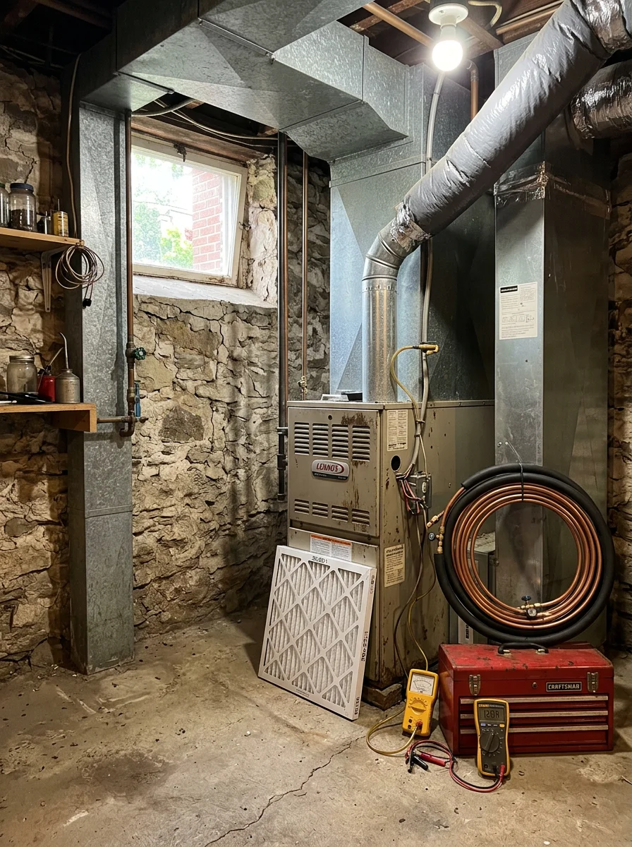 Indoor air handler and ductwork in an older Wayne, PA residence