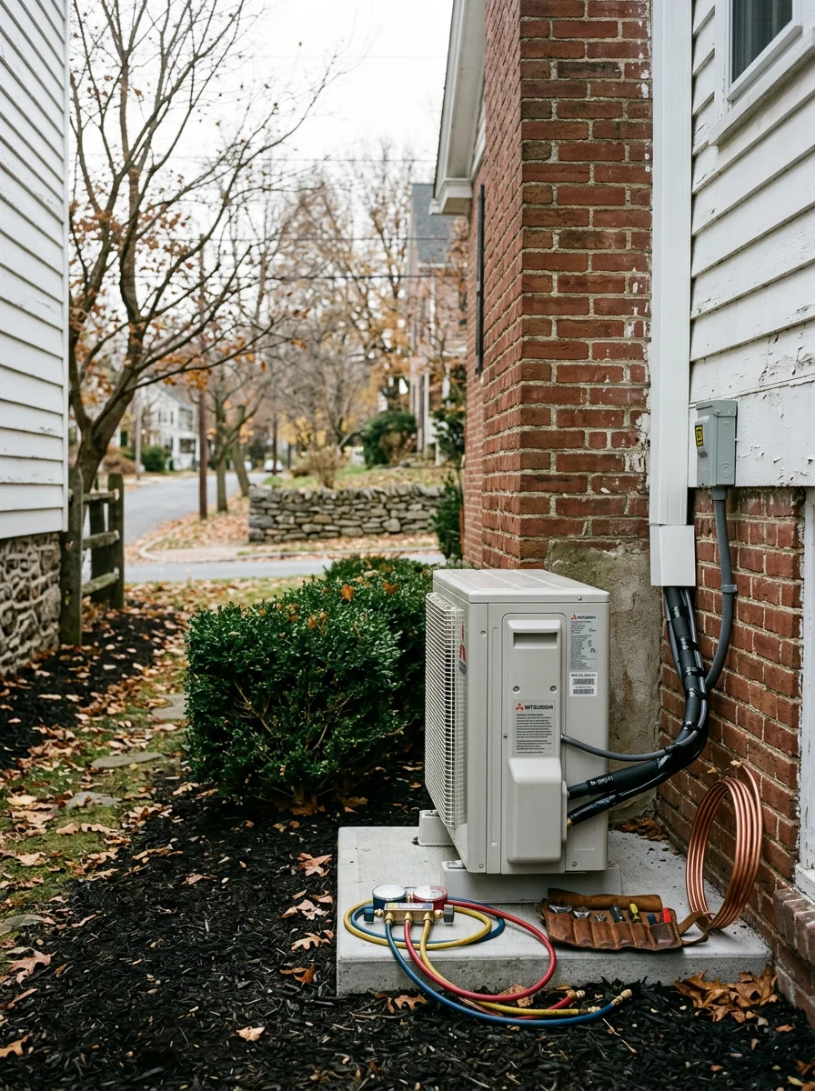 Ductless heat pump outdoor unit at a Chester County home