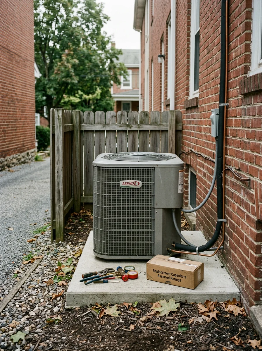 Outdoor condenser unit beside a brick home on a compact lot in West Grove, Pennsylvania