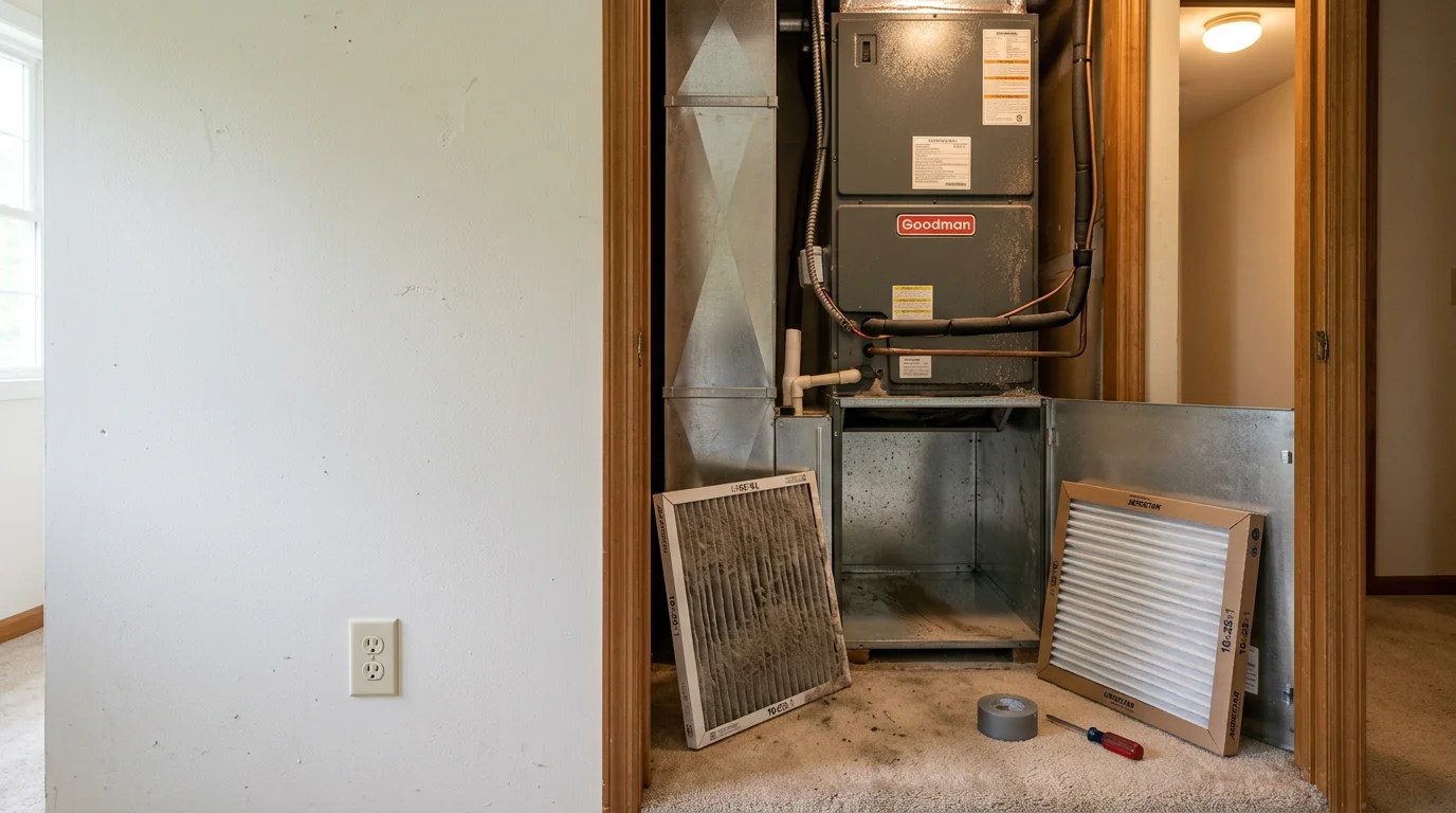 An HVAC technician replacing a dirty A/C filter inside a residential home in Delaware County, PA. The old filter shows visible dust buildup, and the new filter is being seated into the air handler.