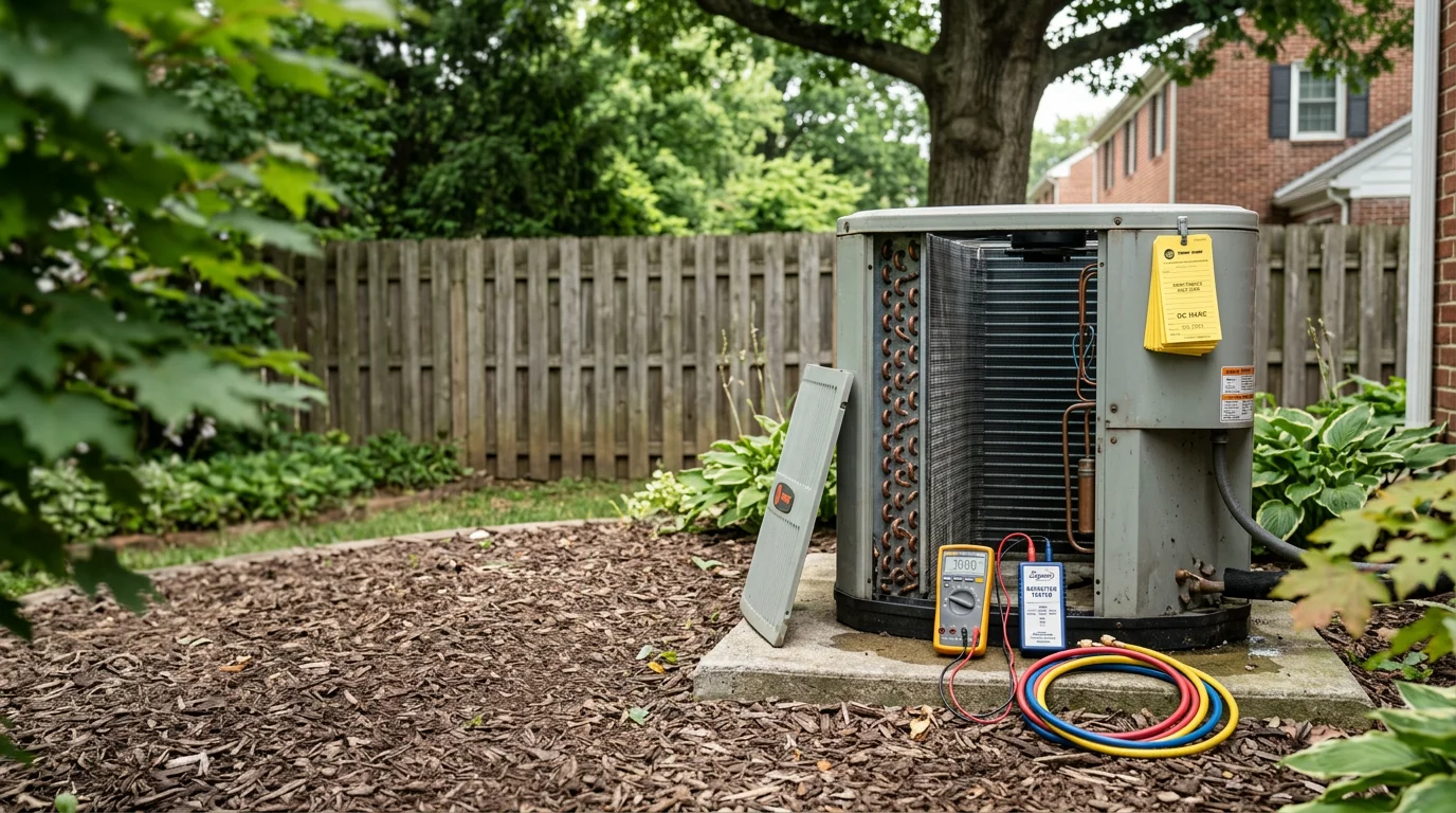 An HVAC technician inspecting the outdoor condenser unit of a central air conditioning system at a residential home in Delaware County, PA. The technician is checking electrical connections and coil condition during a seasonal A/C maintenance visit.