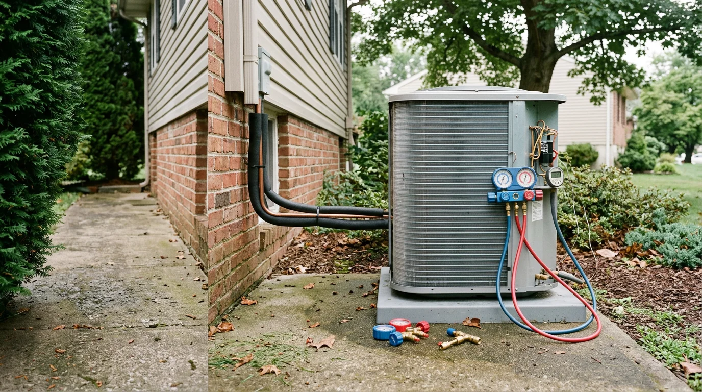 An HVAC technician inspecting the outdoor condenser unit of a central air conditioning system at a residential home in Delaware County, PA. The technician is checking internal components on a warm summer day.