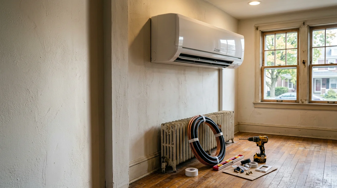 A wall-mounted ductless indoor air handler installed in a room of a Delaware County, PA home with no existing ductwork. The unit is mounted high on the interior wall with a small conduit running to an outdoor compressor unit visible through the window.
